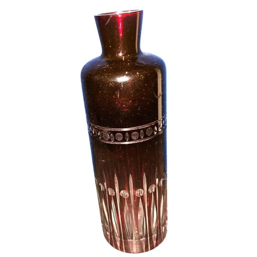 Vintage Cut to Clear Bohemian Vase Ruby Red Glass 10 Inches‎ Tall